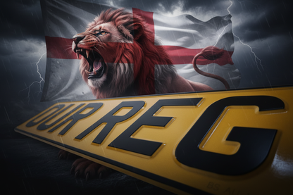 Plain number plate ad — stormy sky England flag lion silhouette